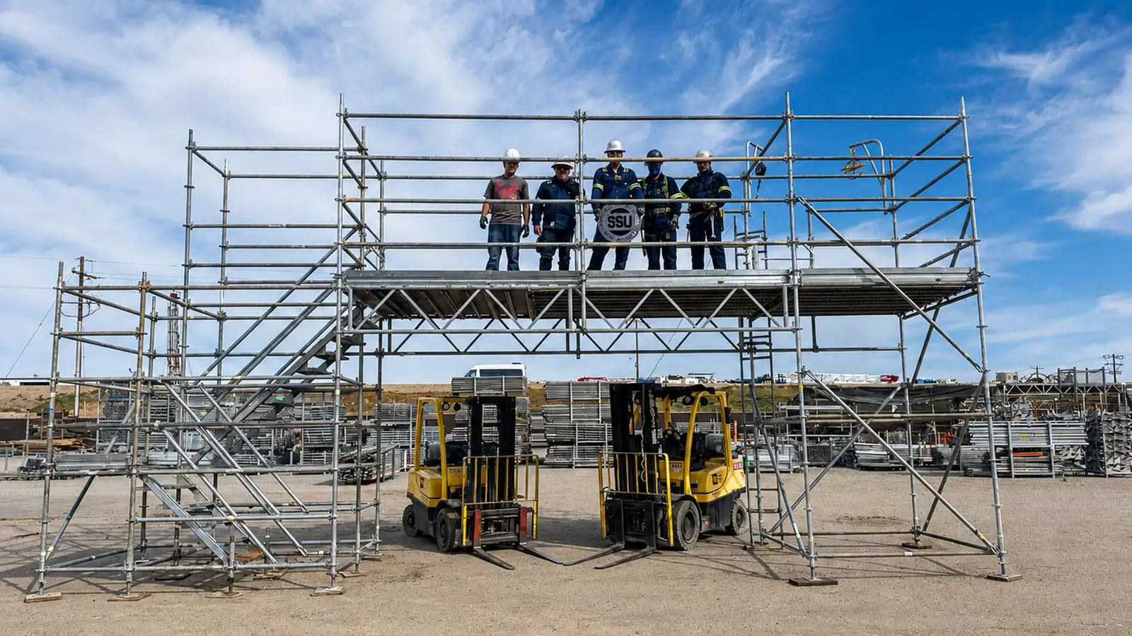 Crew standing on the top deck of a two-level system scaffold with forklifts parked underneath